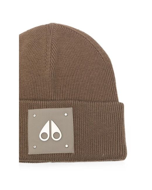 Moose Knuckles Brown Logo-Patch Ribbed-Knit Beanie Hat for men