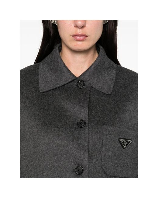Prada Gray Contrast-Collar Buttoned Coat