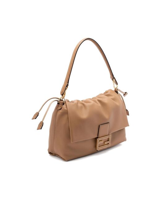 Fendi Brown Large Mamma Baguette Logo-Plaque Gathered Shoulder Bag