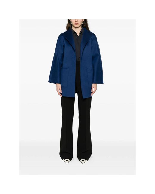 Max Mara Blue Hooded Belted Coat