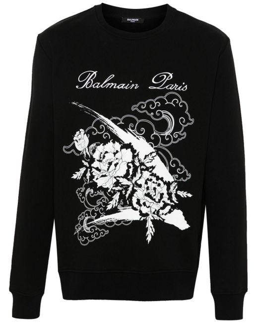 Balmain Black Motif-print Cotton Sweatshirt for men