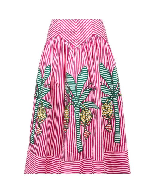Farm Rio Pink Palm Tree-Embroidered Striped Midi Dress