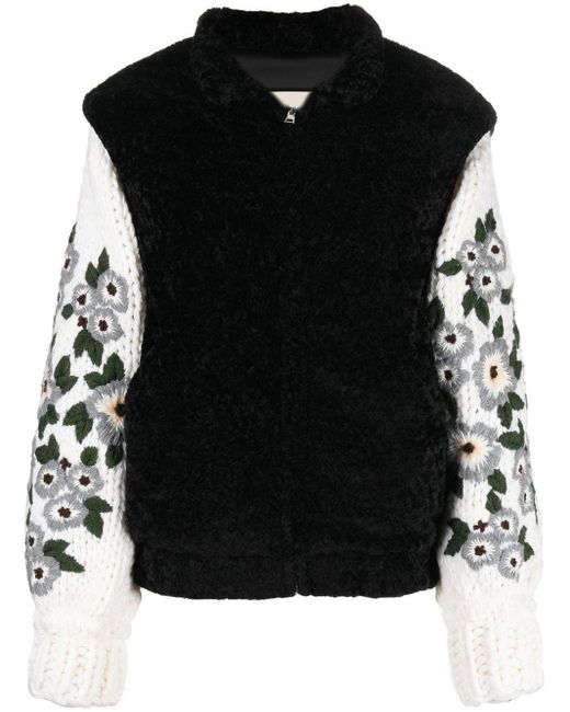 TU LIZE Black Floral-embroidered Knitted Jacket