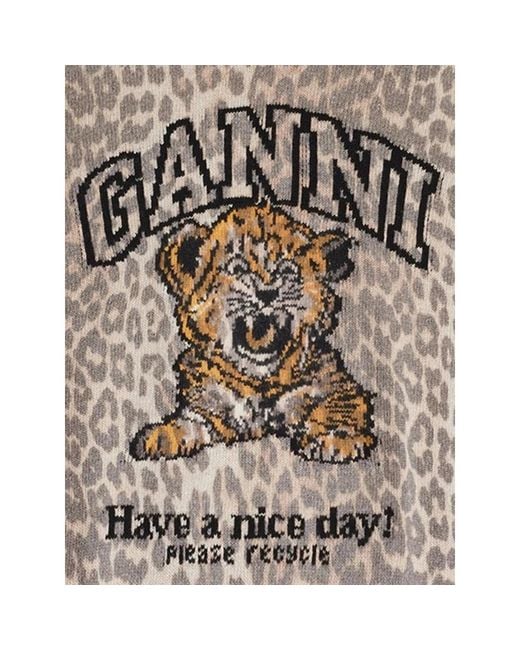 Ganni Gray Leopard-Intarsia Sweater