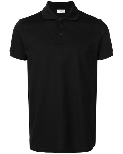 Saint Laurent Black Embroidered-Logo Short-Sleeved Polo Shirt for men