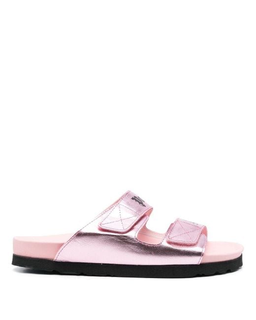Palm Angels Pink Logo-Print Leather Flat Sandals