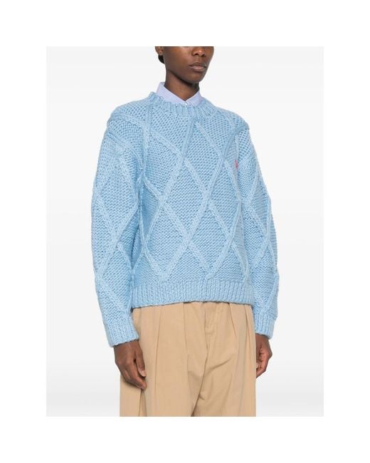 Stine Goya Blue Cable-Knit Embroidered-Logo Sweater