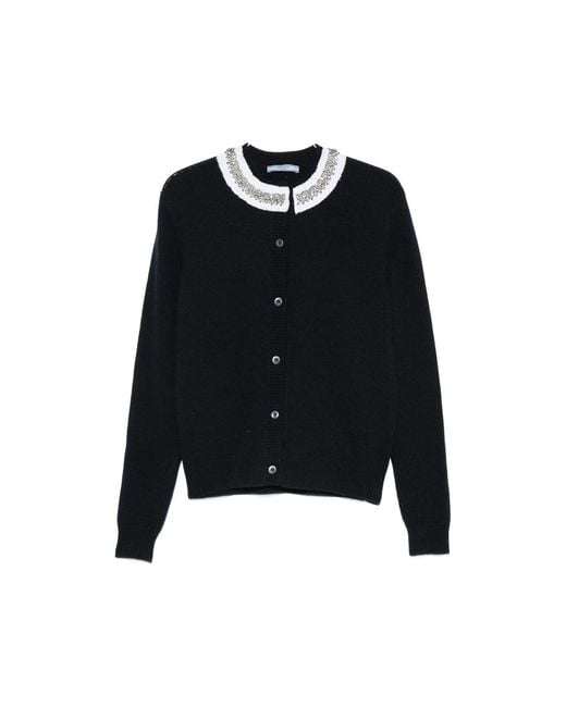 Prada Blue Crystal-Embellished Ruffled-Collar Cardigan