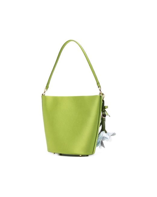 Self-Portrait Green Floral-Charm Satin Bucket Bag