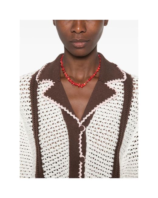 Stine Goya White Crochet-Knit Striped Cardigan