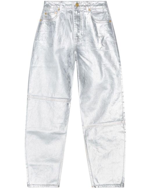 Ganni White Metallic-Finish Organic-Cotton Tapared Jeans