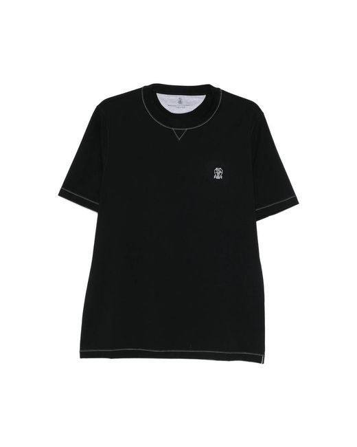 Brunello Cucinelli Black Embroidered Trim T-Shirt for men