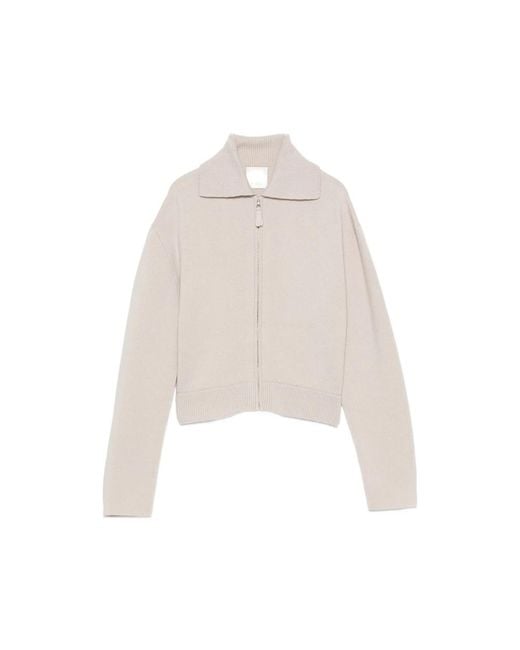 Allude White Zip-Up Ribbed-Trim Cardigan