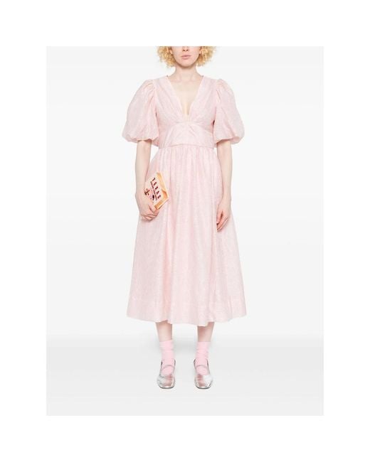 Sea Pink Puff-Sleeve V-Neck Midi Dress