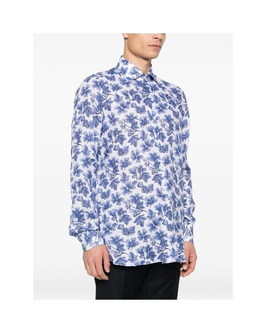 Isaia Blue Floral-Pattern Long-Sleeve Shirt for men