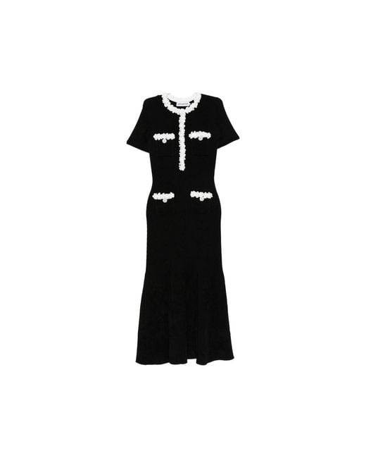 Self-Portrait Black Floral-Appliqué Ribbed-Knit Midi Dress