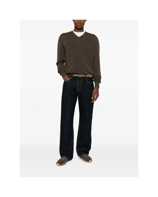 Fedeli Brown V-Neck Ribbed-Trim Sweater for men
