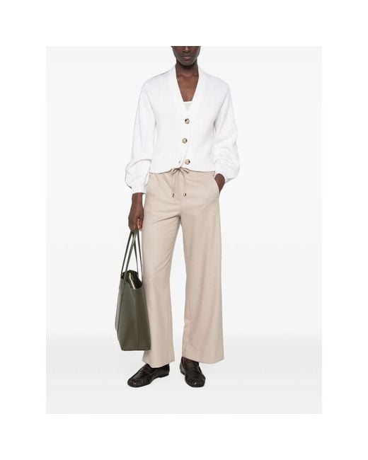 Allude White Ribbed-Trim V-Neck Cardigan