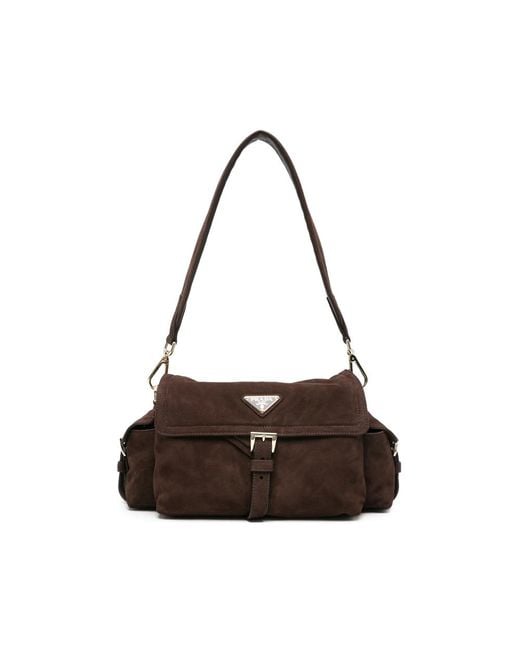 Prada Brown Explore Medium Suede Shoulder Bag With Flap