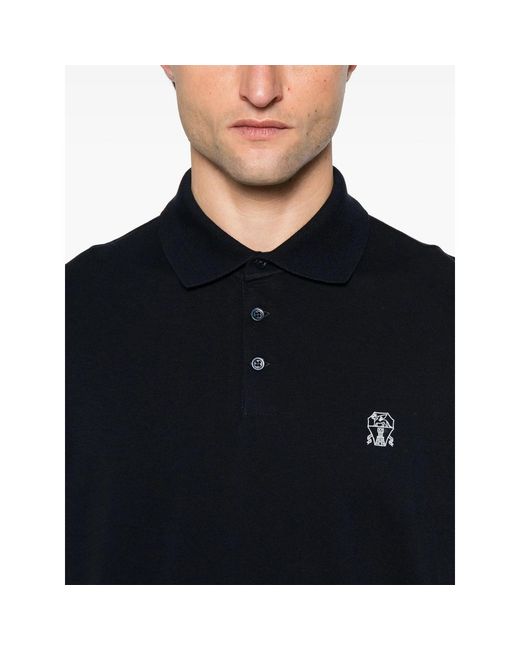 Brunello Cucinelli Black Crest-Embroidered Cotton-Piqué Polo Shirt for men