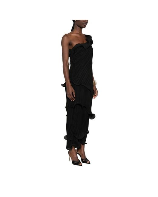 Cult Gaia Black One-Shoulder Plissé-Effect Midi Dress