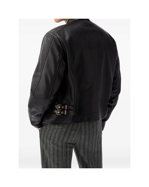 Versace Black Buckle-Detail Leather Jacket for men