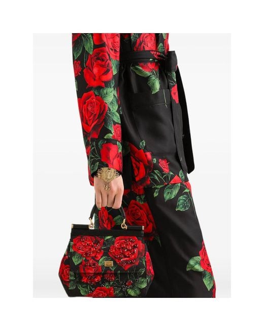 Dolce & Gabbana Red Medium Sicily Rose-Print Crystal-Embellished Tote Bag