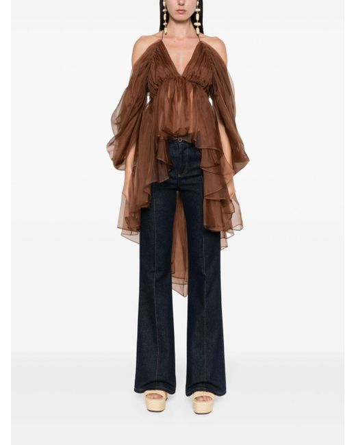 Zimmermann Brown Sheer Silk Ruffled Blouse