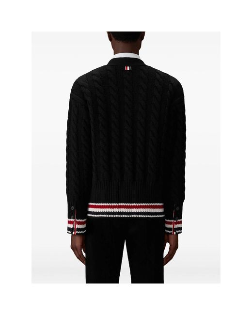 Thom Browne Black Classic Cable Knit Cardigan With Tricolor Accents for men