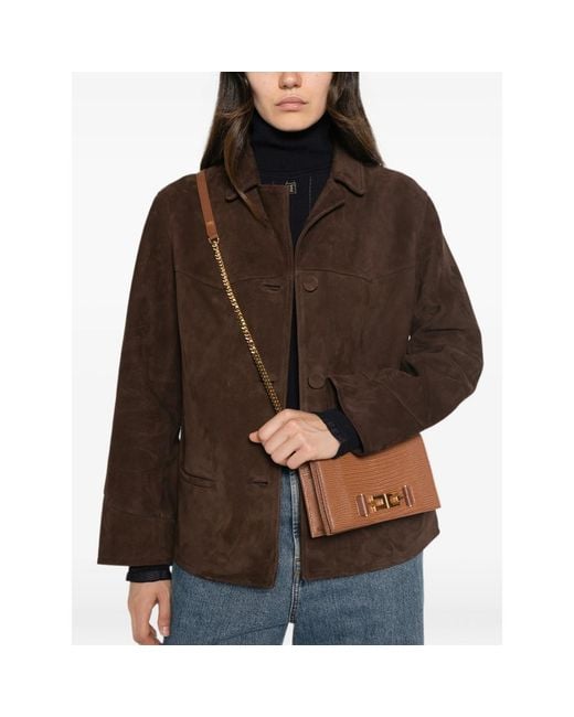 Elisabetta Franchi Brown Reptile-Effect Logo-Plaque Clutch Bag