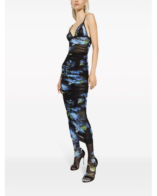 Dolce & Gabbana Blue Floral-Print V-Neck Dress