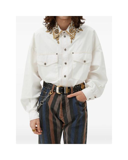 Versace White Embroidered Cotton-Poplin Shirt for men