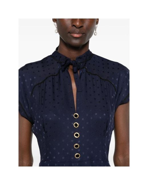 Alessandra Rich Blue Star-Print Tie-Neck Midi Dress