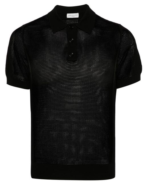 Dries Van Noten Black Open-Knit Polo Shirt for men