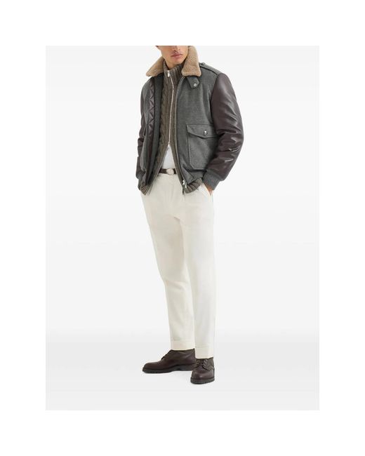 Brunello Cucinelli Gray Bonded Cashmere Beaver Cloth And Nappa Leather Bomber Jacket With Thermore Padding And Detachable Shearling Collar for men