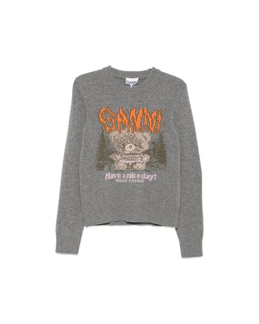Ganni Gray Graphic-Intarsia Sweater