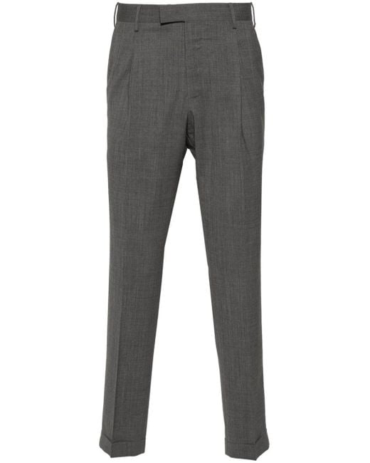 PT Torino Gray Pleated Slim-Cut Trousers for men