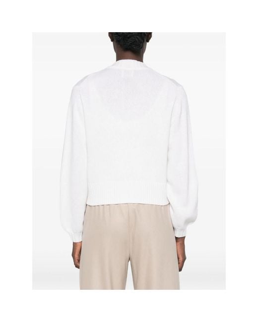 Allude White Ribbed-Trim V-Neck Cardigan