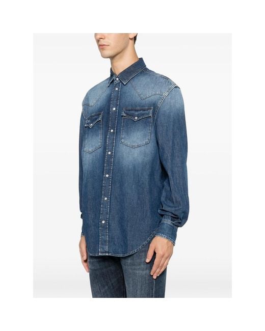 Dondup Blue Faded-Effect Western-Yoke Shirt for men