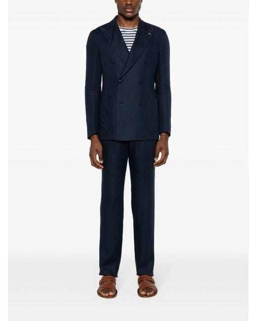 Tagliatore Blue Double-Breasted Linen Suit for men