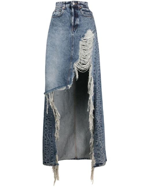 Vetements Blue Distressed Denim Maxi Skirt