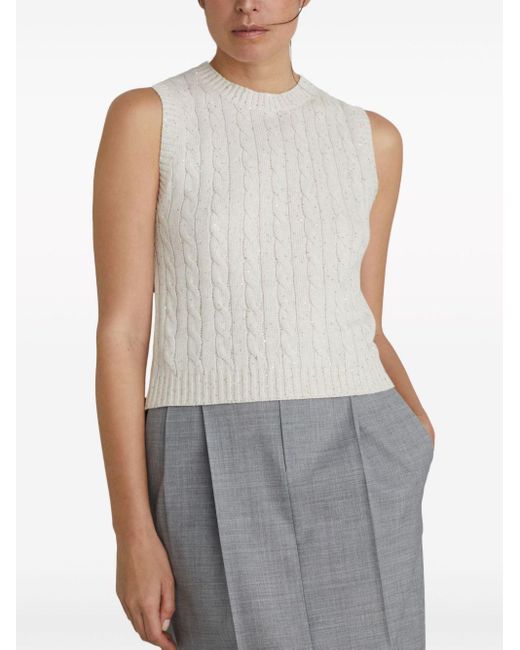 Brunello Cucinelli White Sequinned Cable-Knit Top
