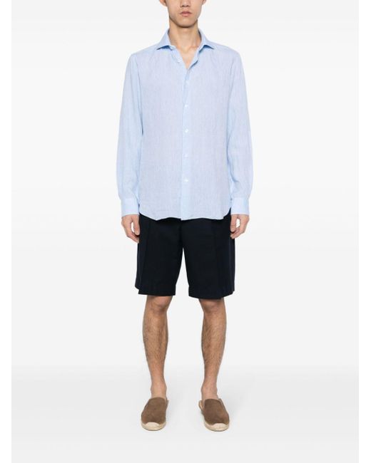 Barba Napoli Blue Long-Sleeves Linen Shirt for men