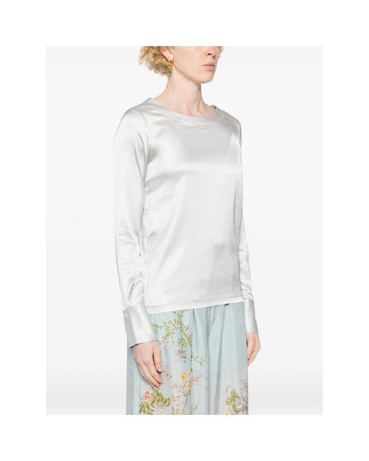 Mazzarelli White Boat-Neck Satin Blouse