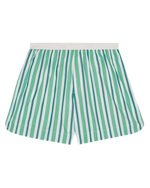 Ganni Green Organic Cotton Striped Shorts