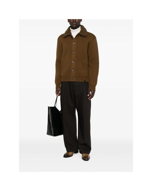 Tom Ford Brown Shearling-Collar Elbow-Patch Cardigan for men