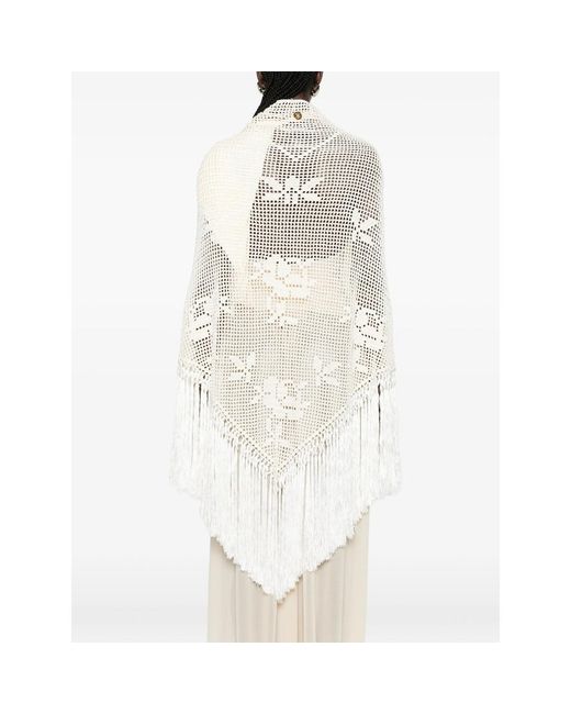 Chiara Is White Scialle Rosa Crochet Fringed Poncho