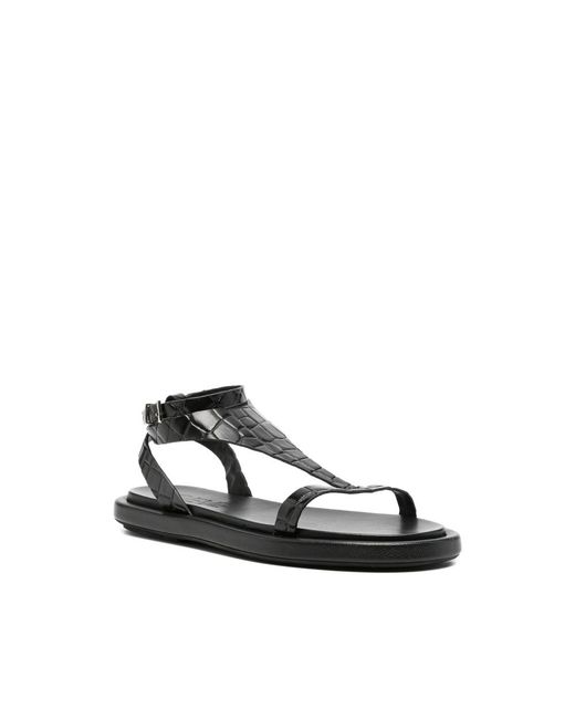 Poeve Black Nairobi Croc-Effect T-Bar Sandals