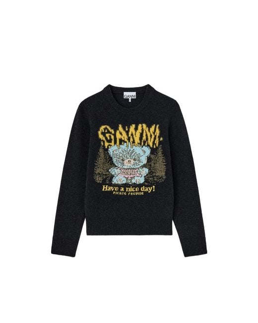 Ganni Black Jumper With Forest Teddy