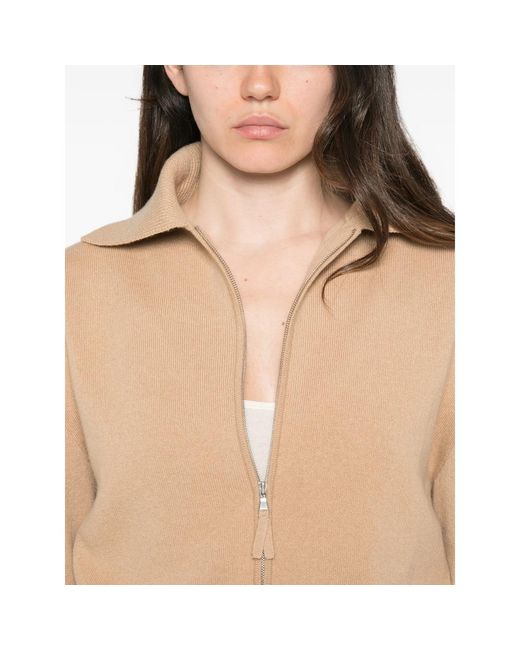 Allude Natural Zip-Up Ribbed-Trim Cardigan